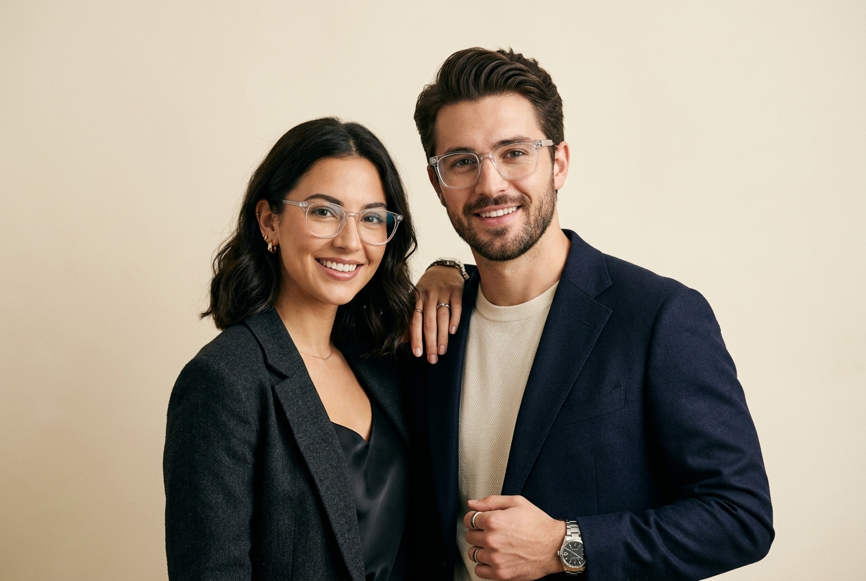 Stylish couple wearing premium eyewear frames